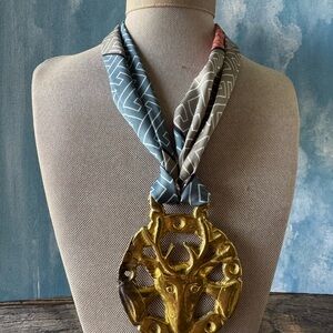 Geometric Print Silk Scarf Necklace with Large Gold Deer Pendant